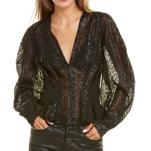 New IRO Teruja Metallic & Silk Puff-Sleeve Blouse Size 2